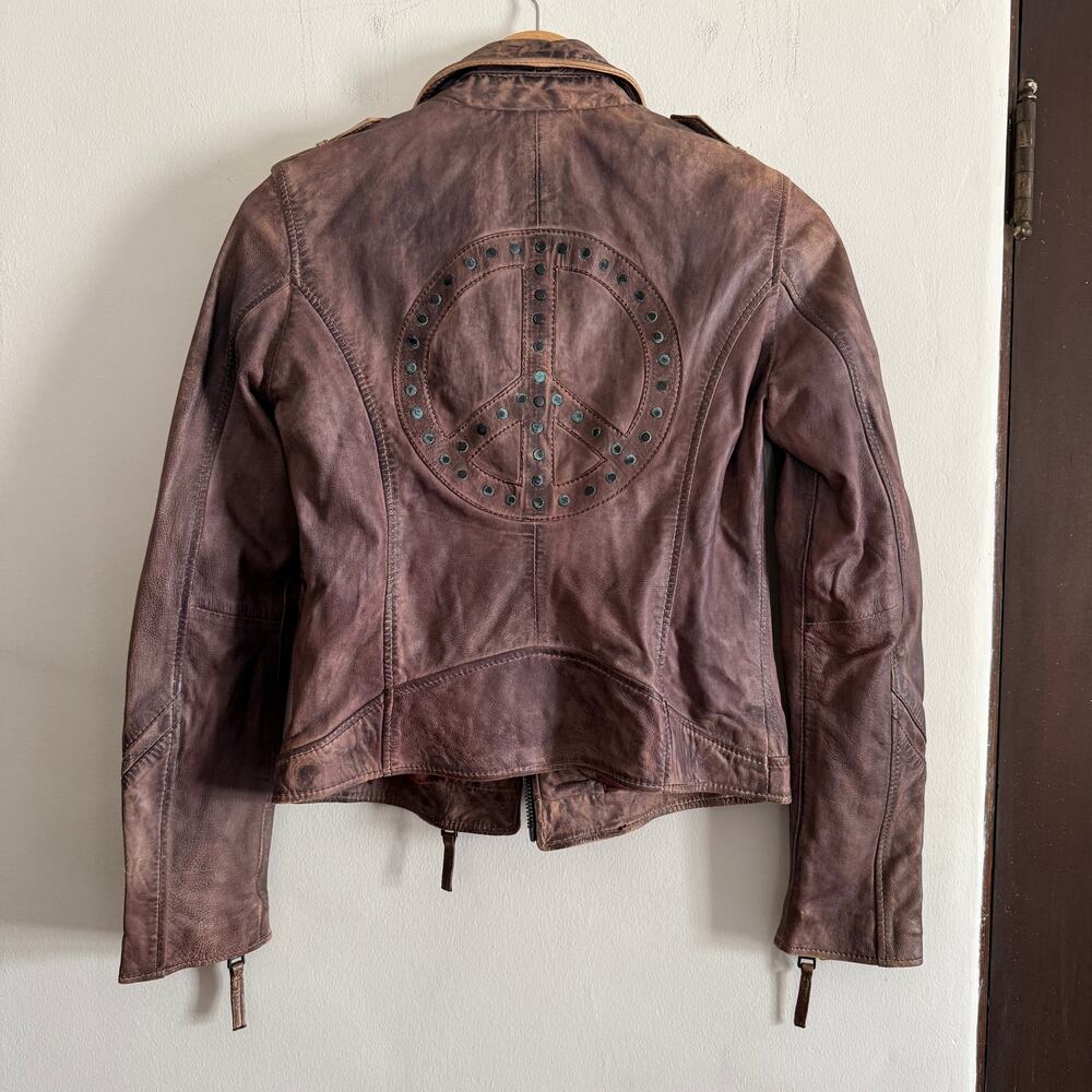 Y2K Vintage Gipsy Brown Distressed Leather Moto Jacket Peace Sign Extra Small
